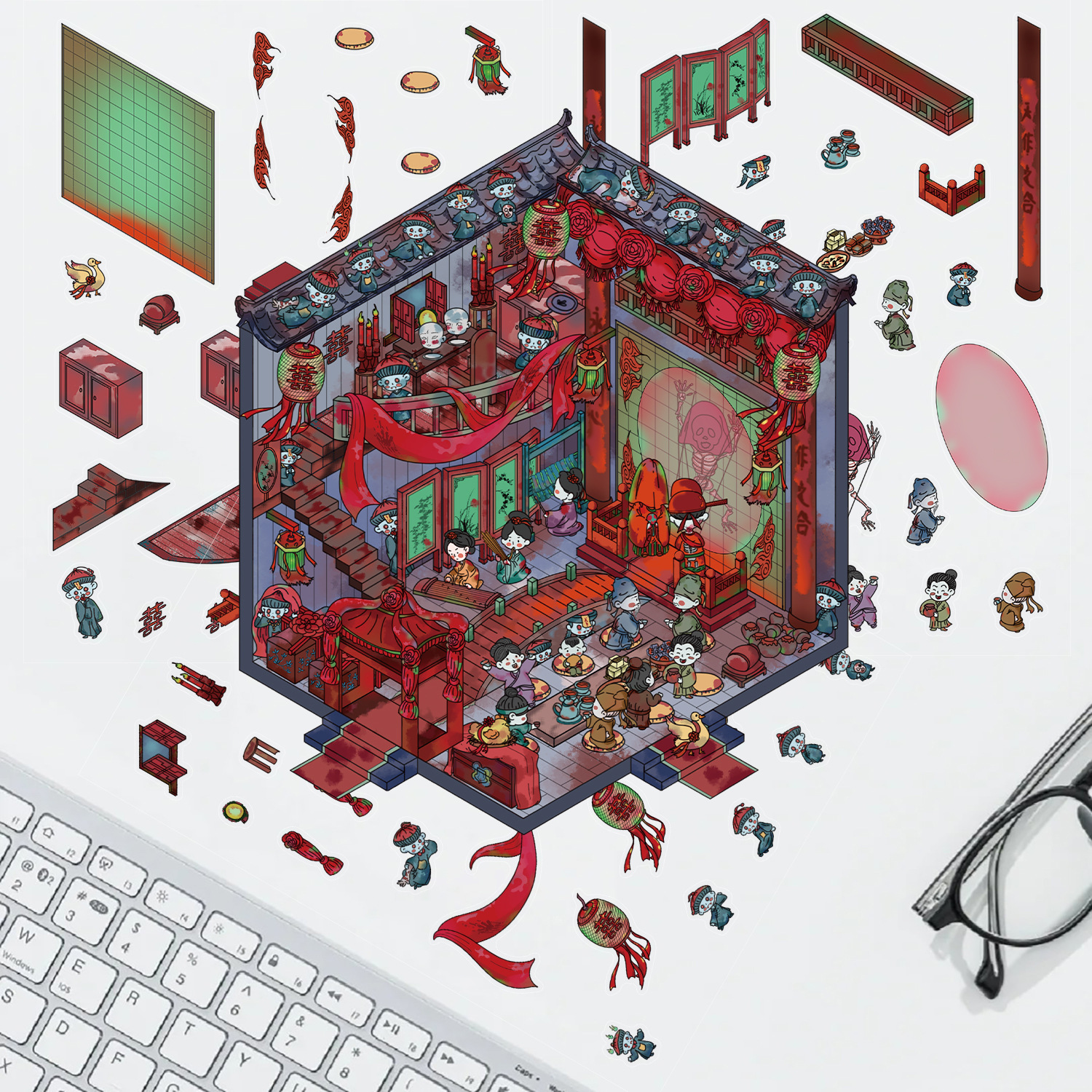 十一玖3D造景贴纸微恐系列僵尸新娘微缩场景立体小屋卡通手工贴画