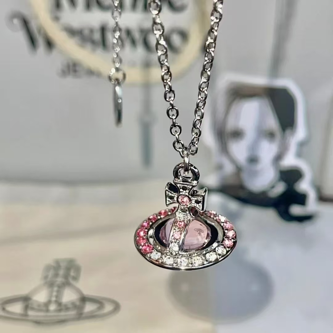 铜合金项链 立体土星满镶锆星球锁骨链轻奢时尚百搭生日礼物饰品