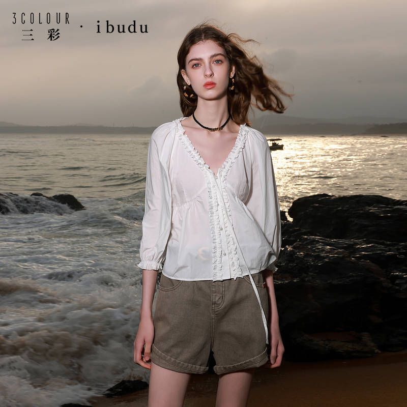 【林一专属】三彩2025夏季新款木耳边花边V领衬衣白衬衫灯笼dbx