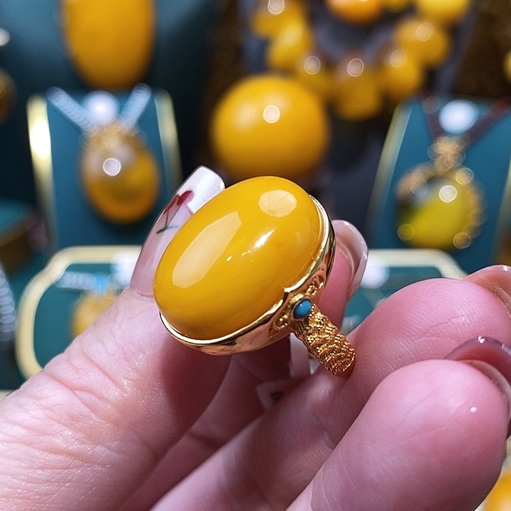 蜜蜡戒指银S925镀金镶嵌