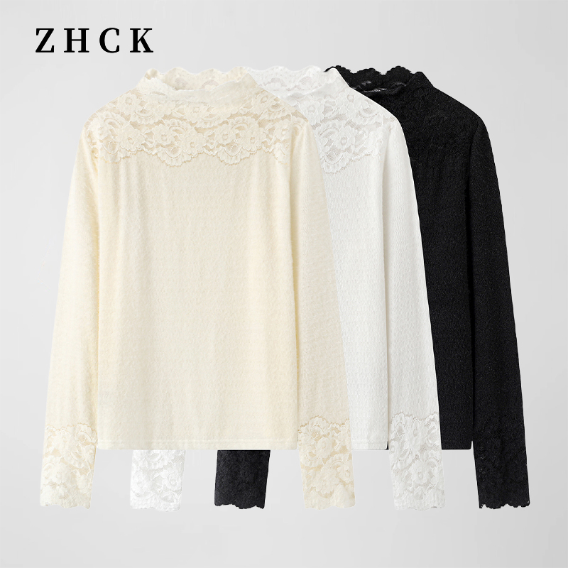 ZHCK高级感法式轻奢镂空蕾丝打底衫2025秋季新款时尚百搭长袖打底