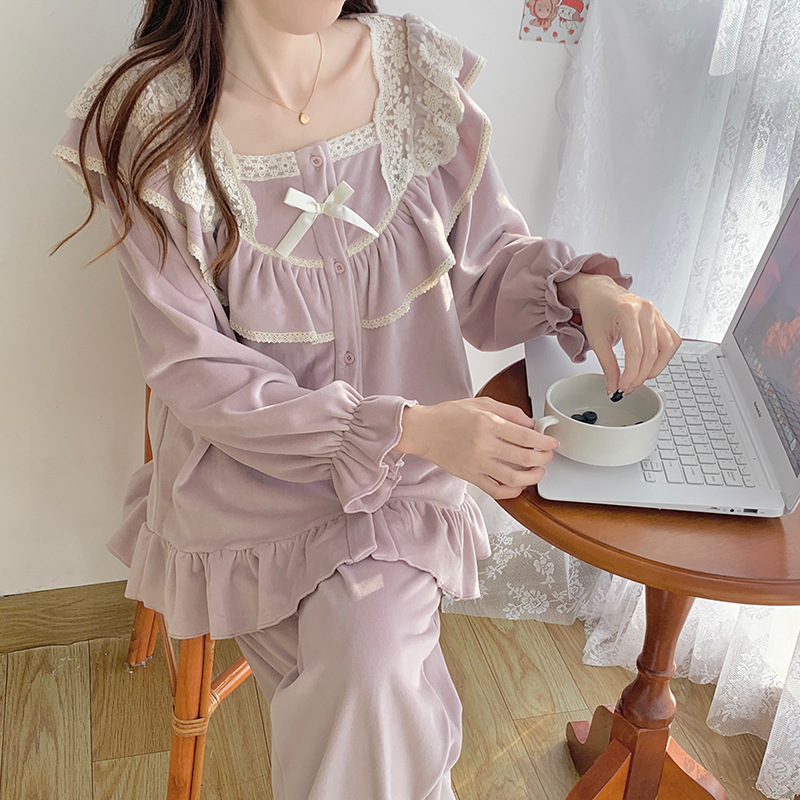 （甜心公主）韩国海岛绒睡衣女秋冬季薄绒新款甜美公主风家居服