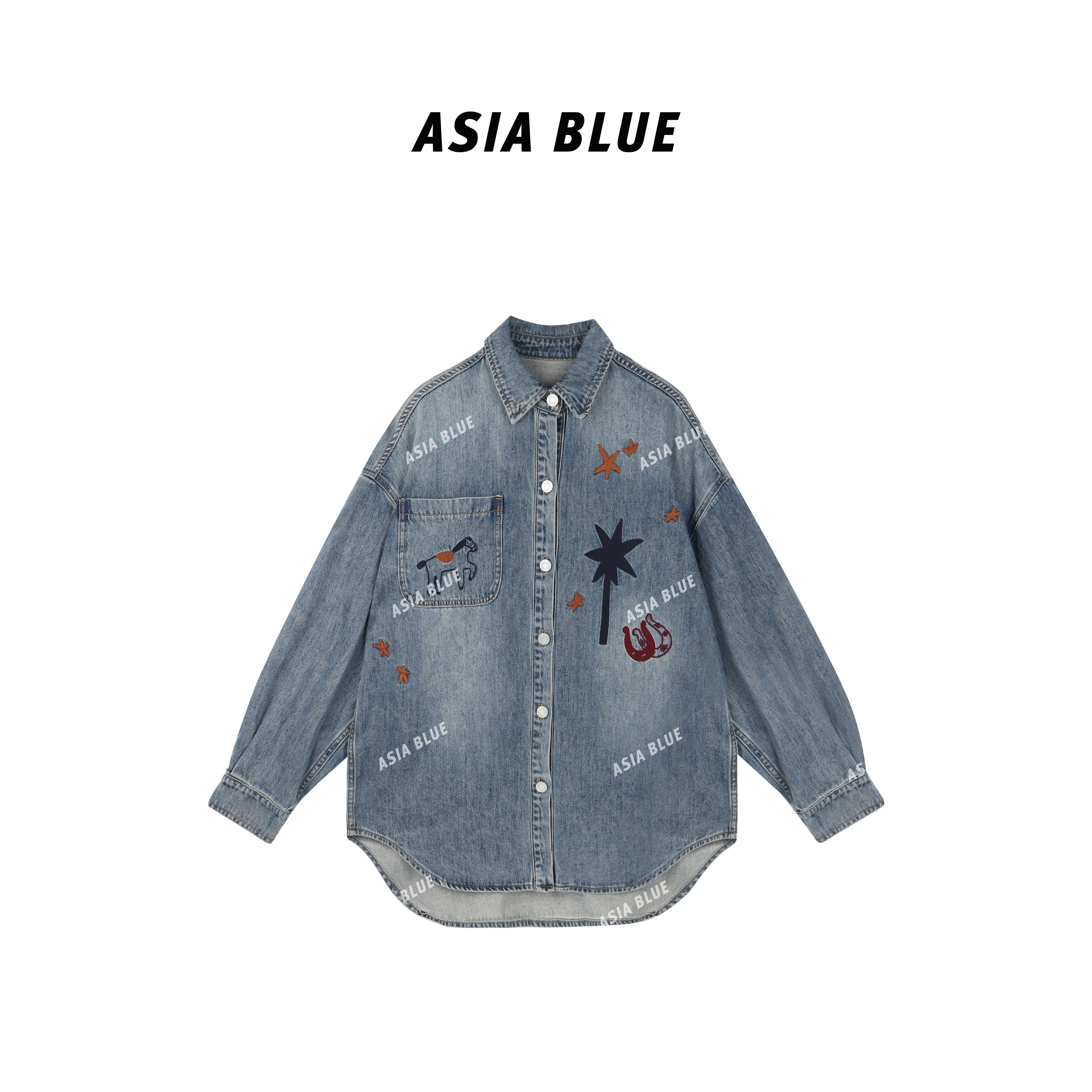  【ASIA BLUE】·慕分· 秋季翻领小马刺绣设计感牛仔衬衫外套YW90016