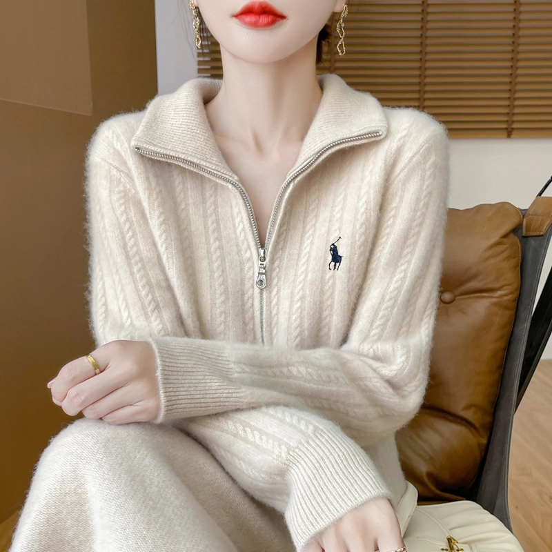 100%羊毛女加厚翻领半拉链小马花刺绣套毛衣百搭羊毛针织打底