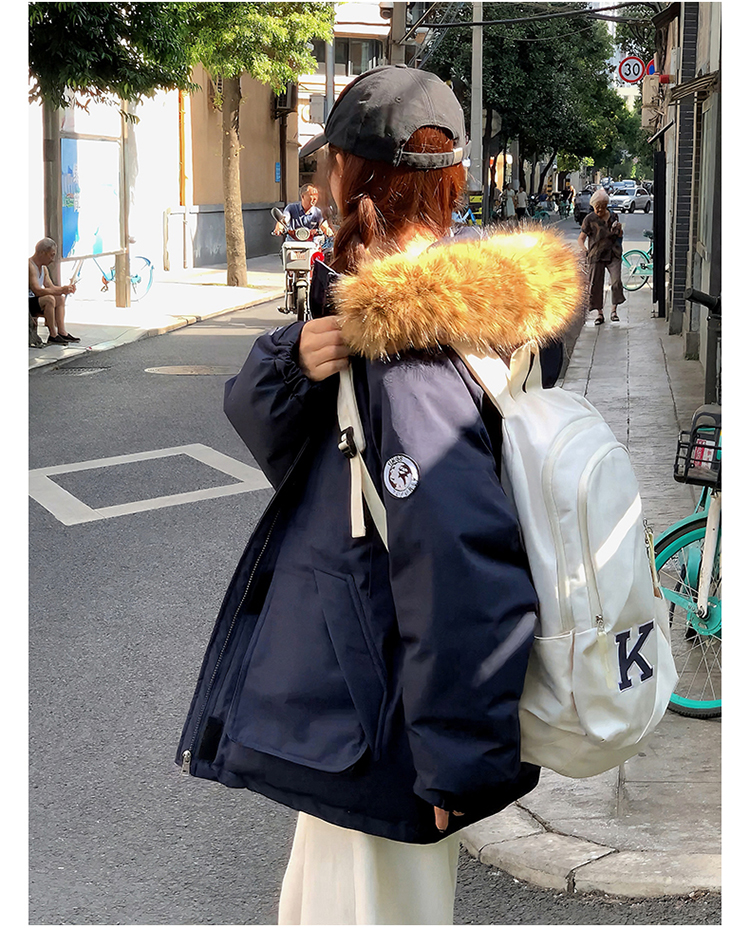 藏蓝色派克服工装棉服女2025新款高级设计感小众加厚面包服外套女