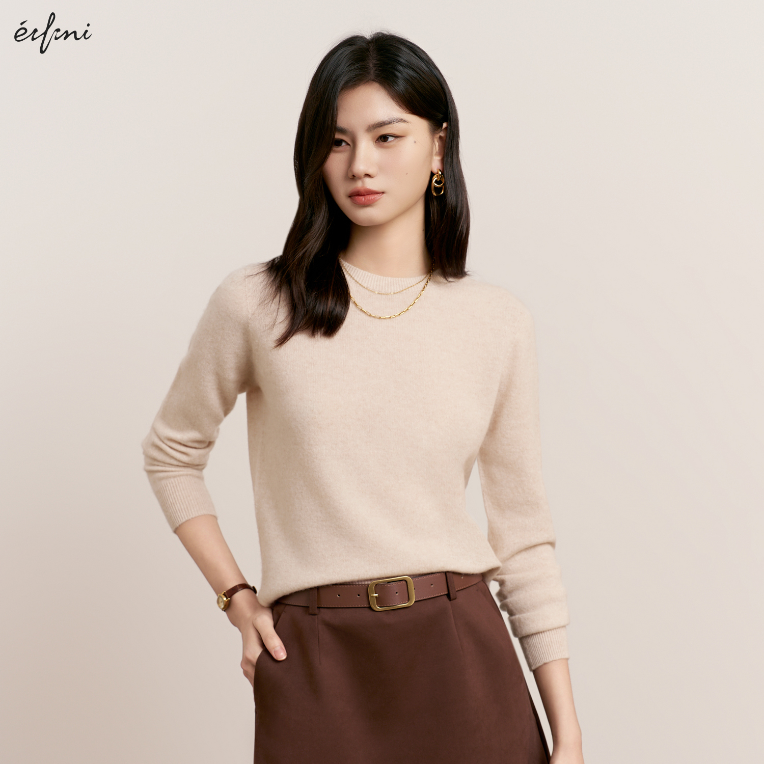 蒋欣代言【羊绒羊毛】伊芙丽基础圆领打底针织衫25冬新1GA932681