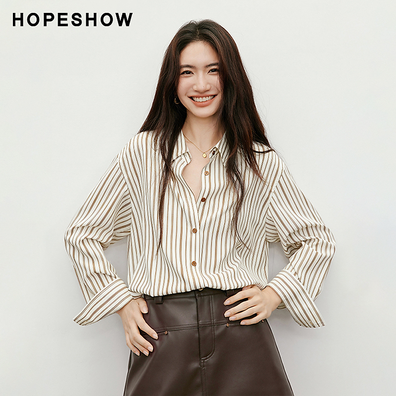 红袖2025秋季新款女装 可露丽撞色条纹单排扣翻领衬衫90225290301