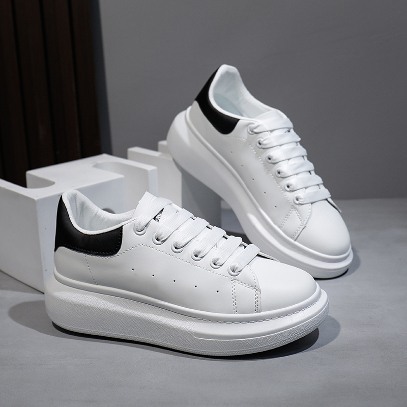 牛皮四季男女同款时尚经典百搭厚底低帮系带情侣增高松糕底小白鞋