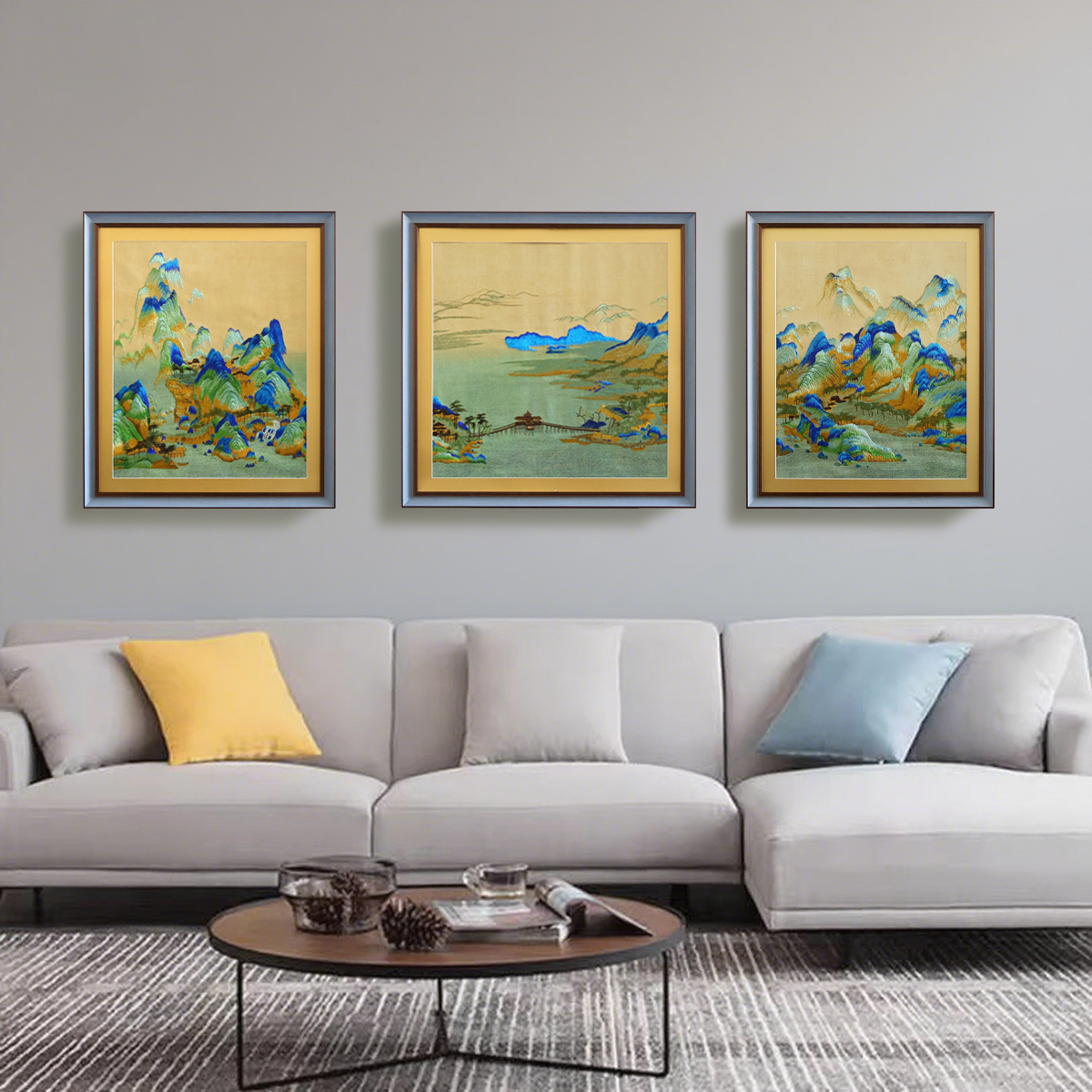 山河颂・三联【蓝灰框】  客厅 装饰画 新中式 沙发背景墙 寓意好   