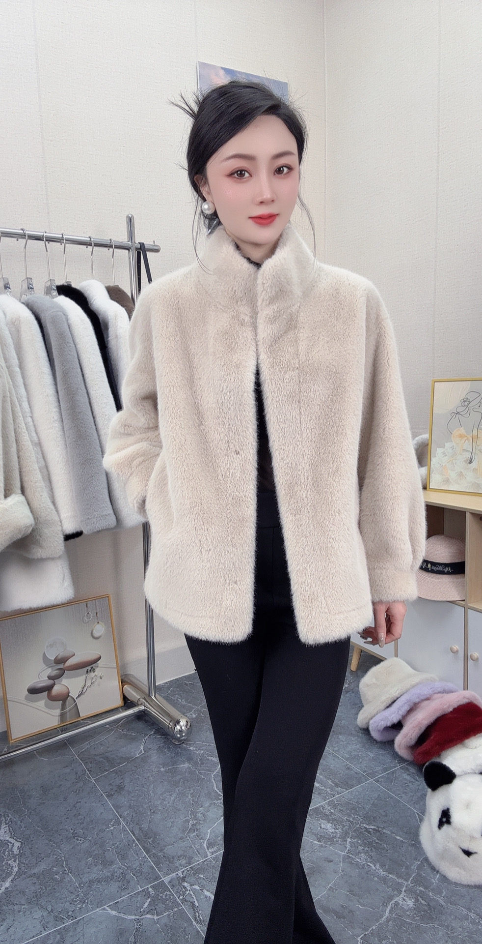 [立领衣长60厘米]宽松设计正品百搭雪兰貂立领环保毛女装外套-Bei