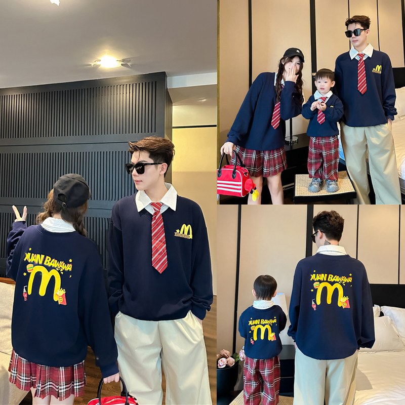 亲子装新款一家三口学院风假两件卫衣秋冬装长袖爬服婴儿8104