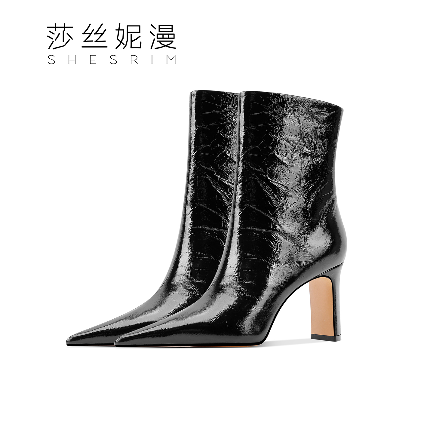 2025年秋冬新款手抓纹女高跟短靴防水台粗跟女靴时装靴尖头粗跟