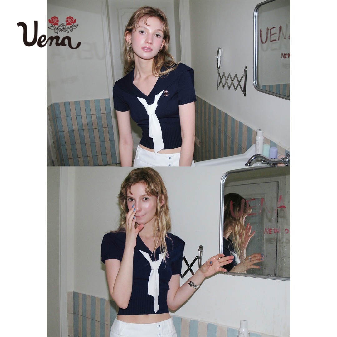 【盐砂梦境】Uena藏蓝色海军领字母刺绣正肩短袖v领针织T恤附领带