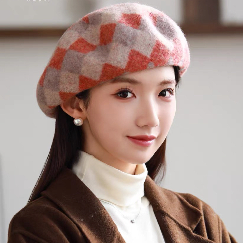 羊毛贝雷帽女秋冬季防寒保暖画家帽子经典时尚百搭格纹文艺蓓蕾帽