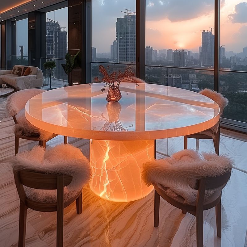 现代简约天然白冰玉奢石餐桌椅组合轻奢别墅玉石大理石圆形餐桌