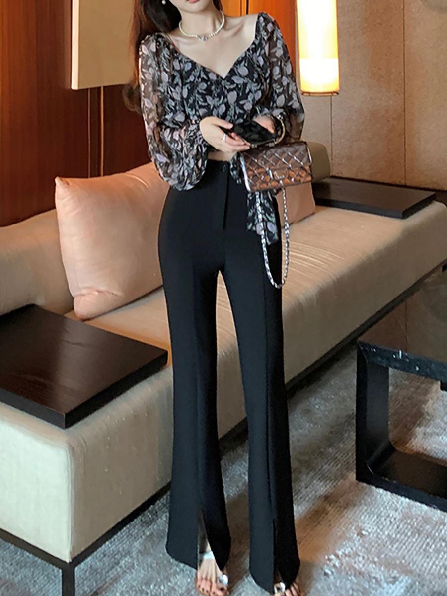 秋冬款瘦瘦黑立裁版~~老钱风显瘦显瘦显瘦！开衩微喇弹力西裤