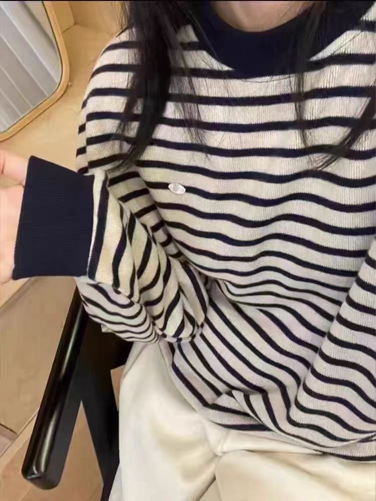 条纹针织衫冬季条纹圆领宽松春秋季毛衣长袖常规款 095