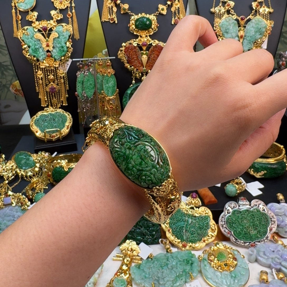 翡翠银S925镀金镶嵌颈饰老料手镯 亏清