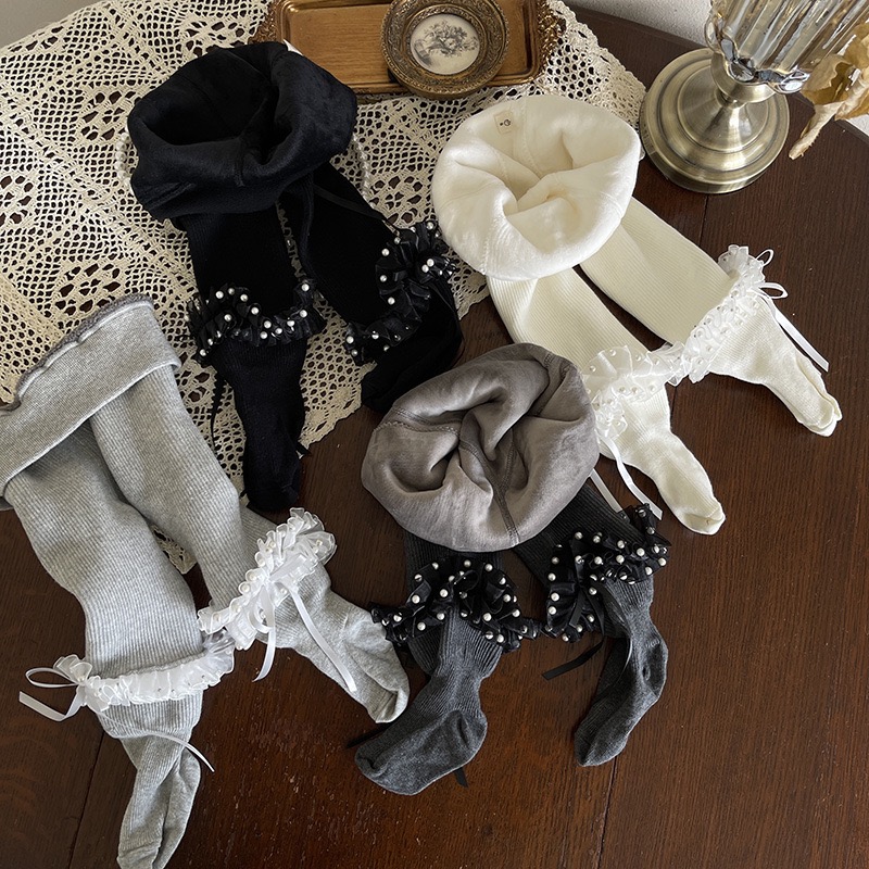 冬款韩系小众高定珠珠花边公主连裤袜法式重工女童外穿保暖裤袜