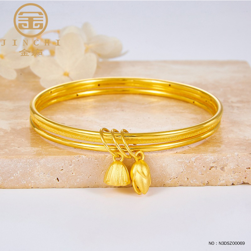黄金手镯女 999足金两世欢挂坠金镯子三生三世手环女神节送老婆