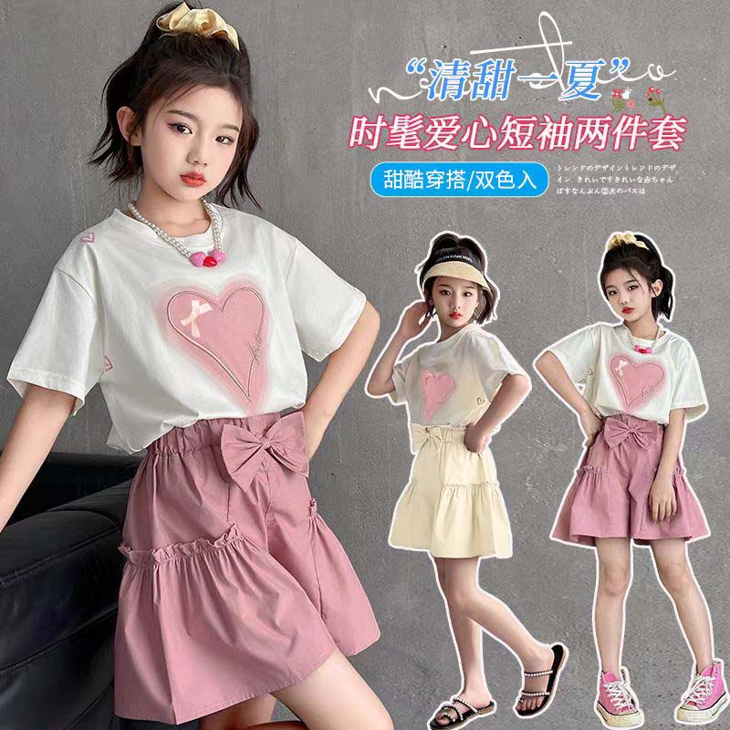 2025女童夏款纯棉刺绣短袖套装女孩洋气T恤儿童夏季裤裙两件套
