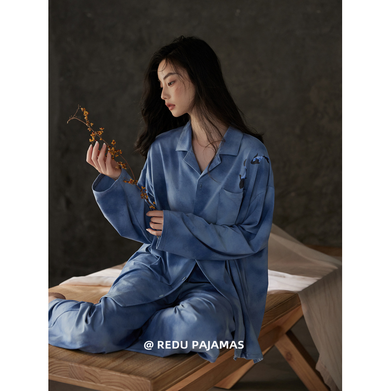 【柔软棉】热妒睡衣女春秋长袖蓝色高级感带胸垫翻领家居服套装