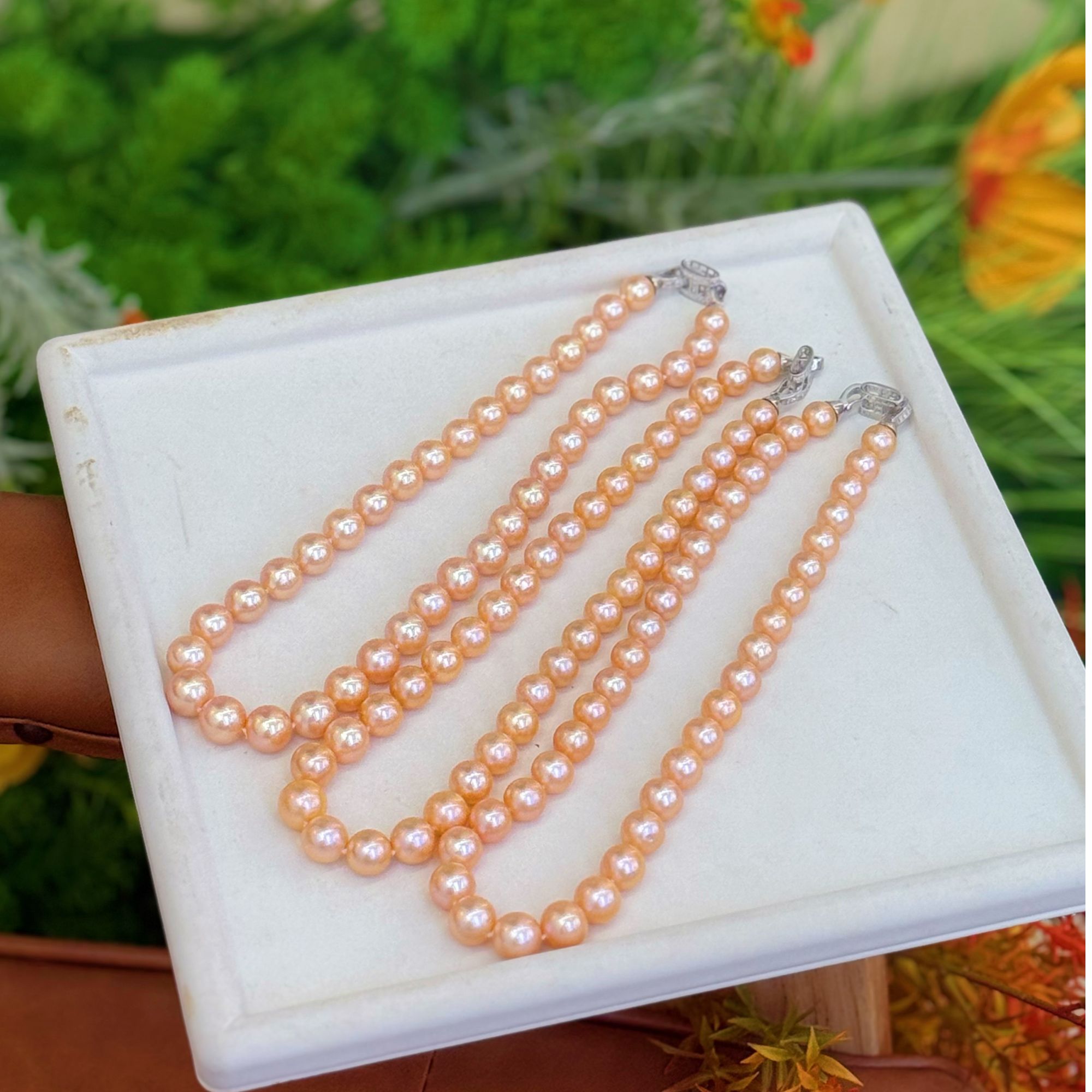 【晓艾珍珠】淡水（爱马仕橙）项链9-13mm S925银 E015（多样性发一）