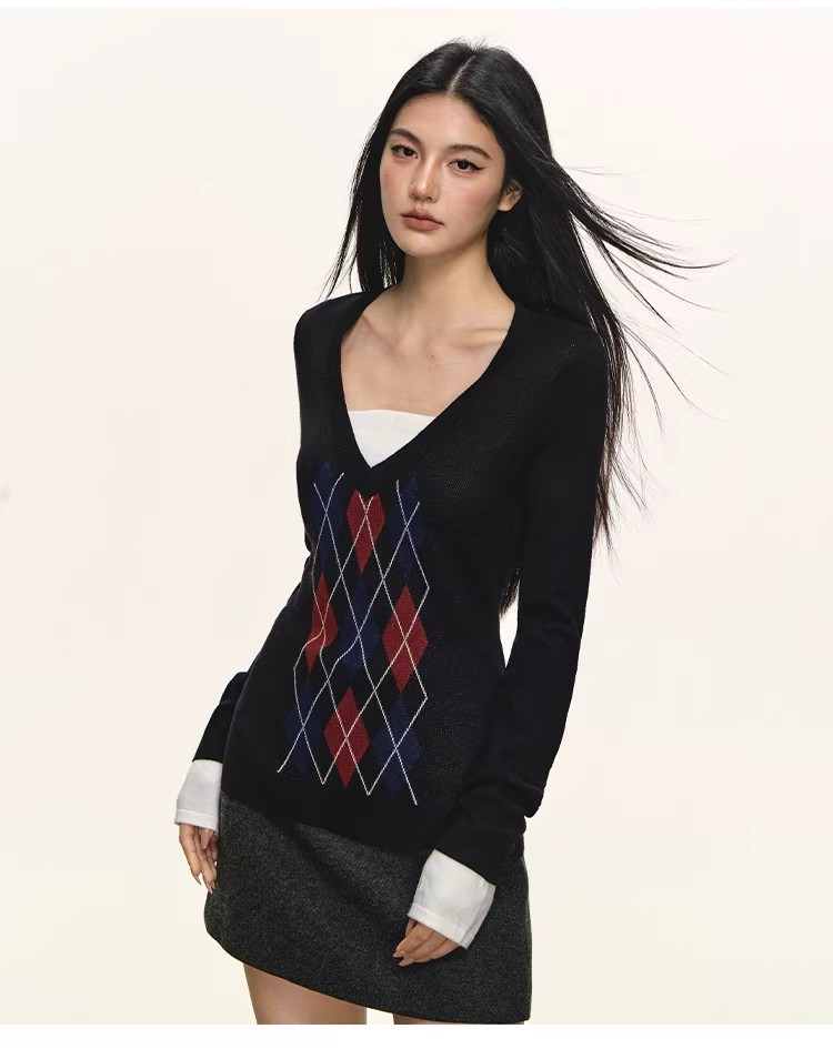 anna aneae菱格撞色假两件内搭打底衫女秋冬设计感V领针织衫上衣