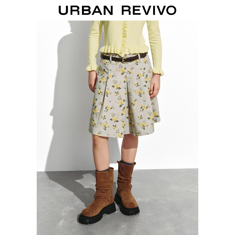 UR2025冬季新款女装复古碎花腰带A字休闲半裙UYL850196