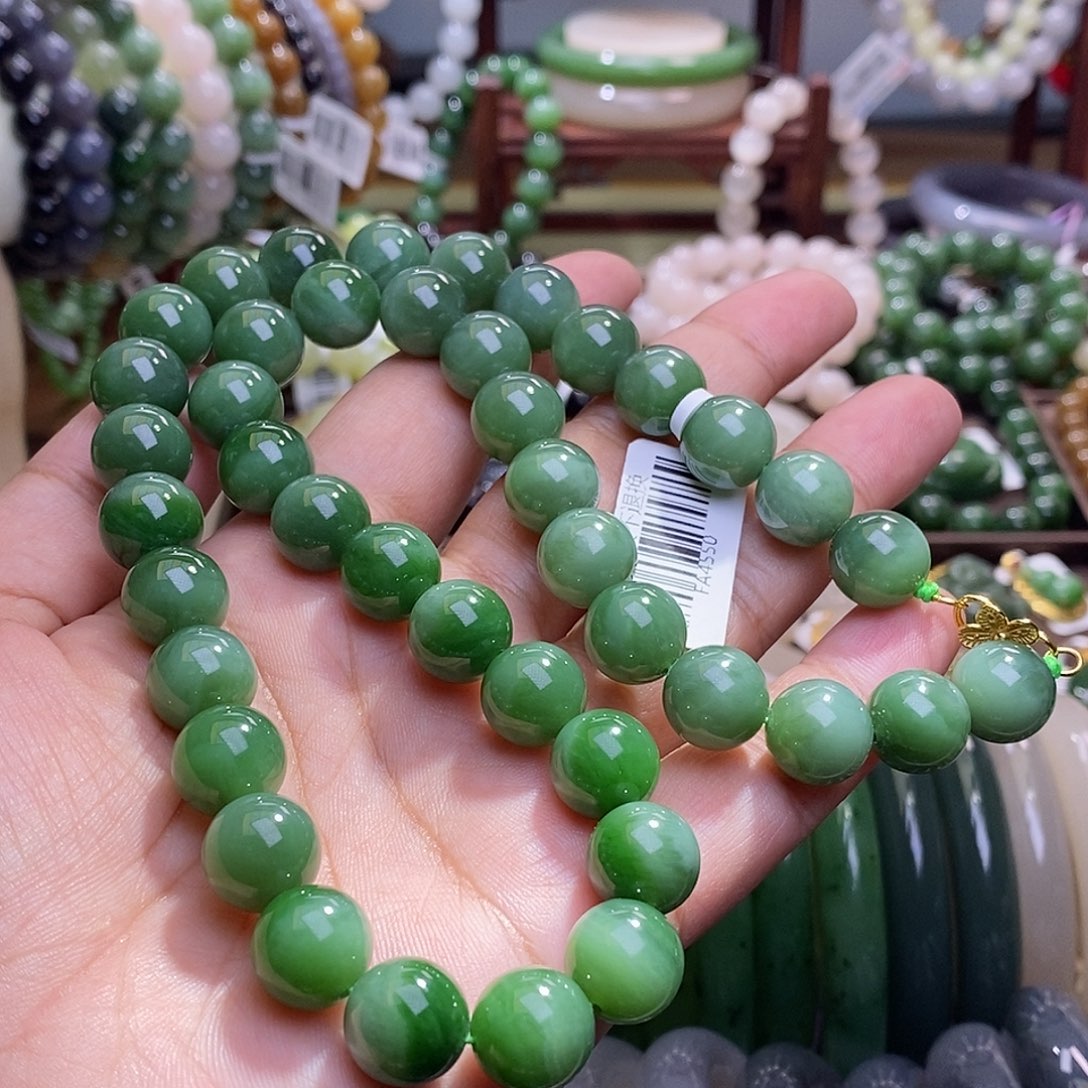 和田玉未镶嵌收藏碧玉老矿料高冰猫眼粉青圆珠项链12m