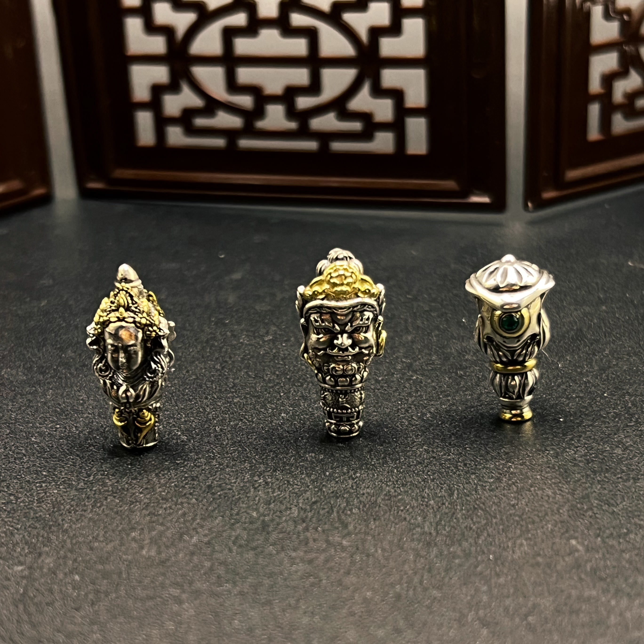 925银银制品 藏式复古 福神 黄财神 绿度母三通文玩配饰 配6-8mm