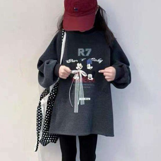 女童一体绒长袖韩版宽松中长款5505秋冬季新款中大童加绒上衣打底