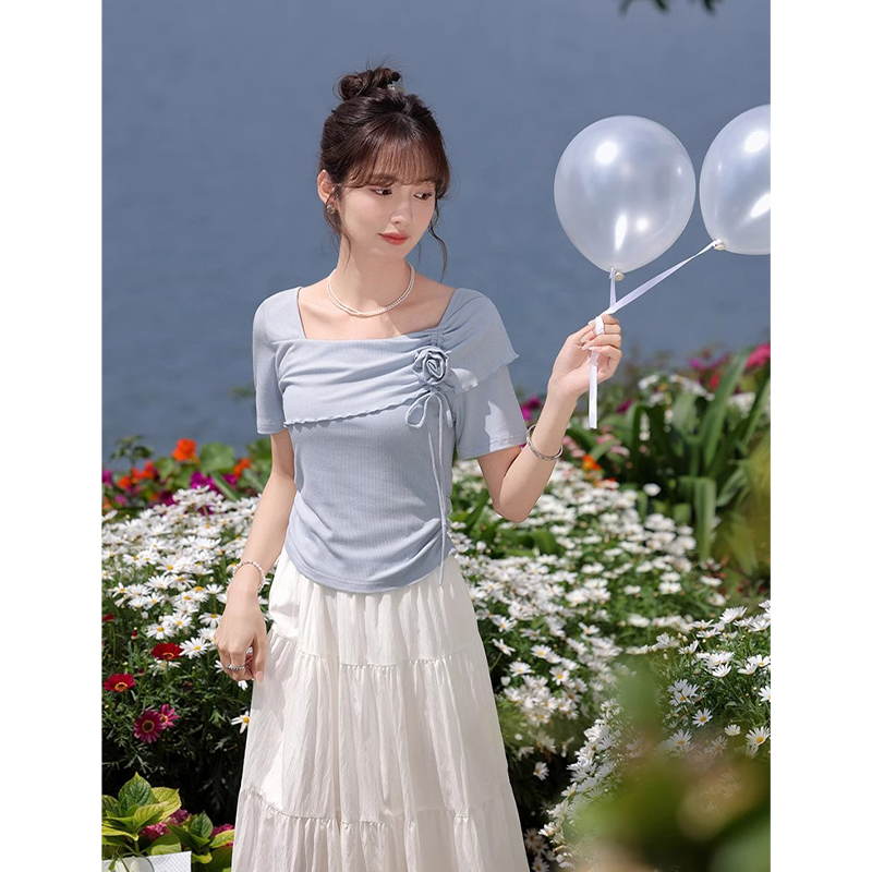 韩版方领立体花朵螺纹正肩短袖T恤女夏新款收腰修身显瘦短款上衣