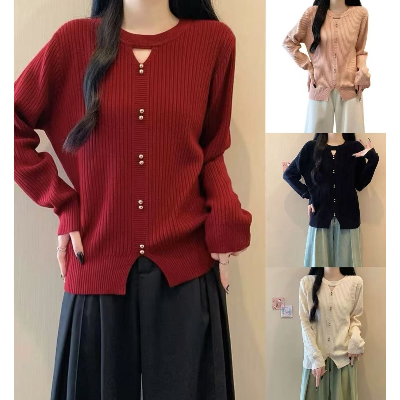 微胖大码女装圆领镂空设计宽松遮肉显瘦长袖针织衫柔软打底毛衣