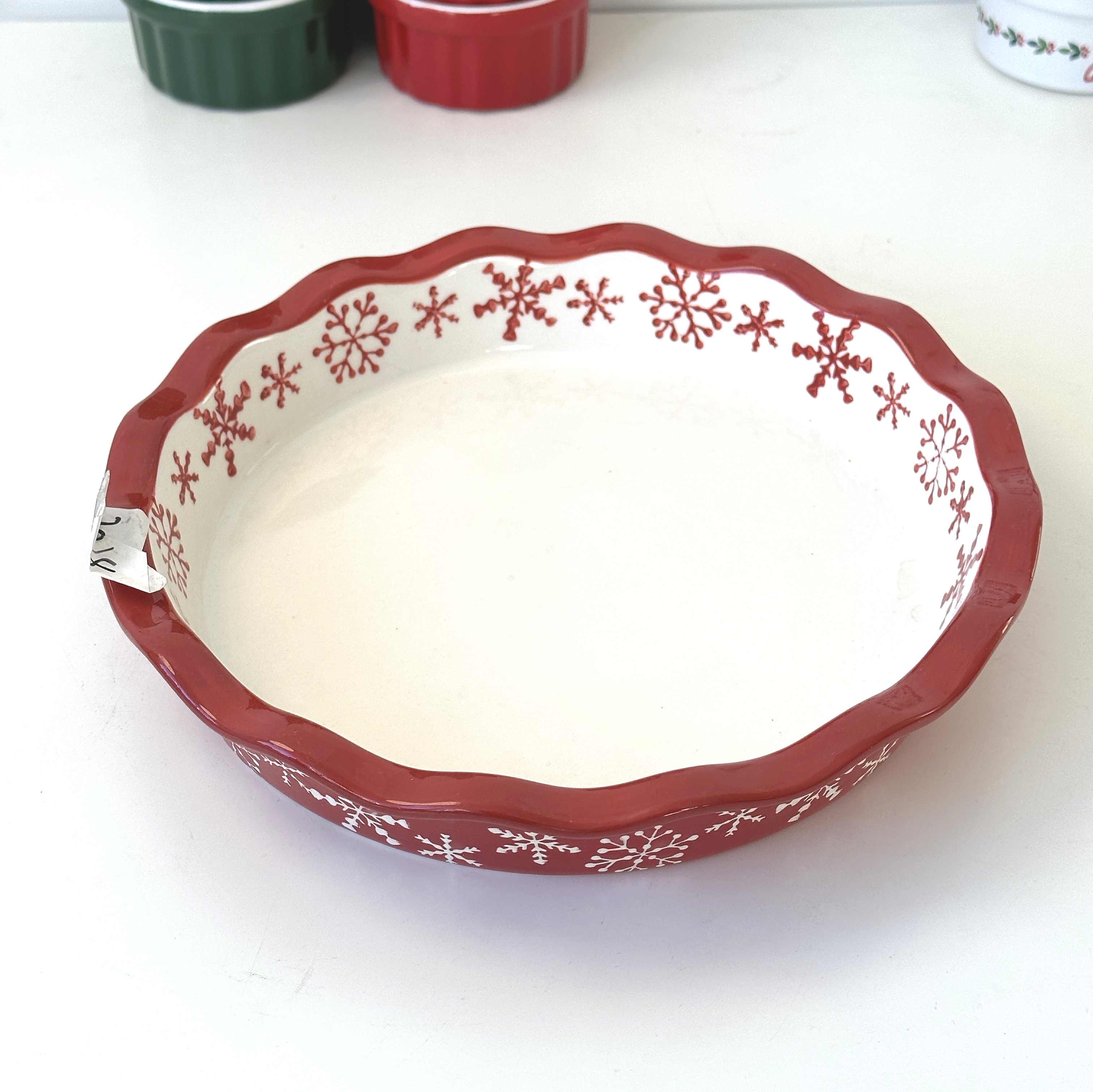 瑕疵款圣诞雪花红色刻花高温釉下彩烤盘果盘