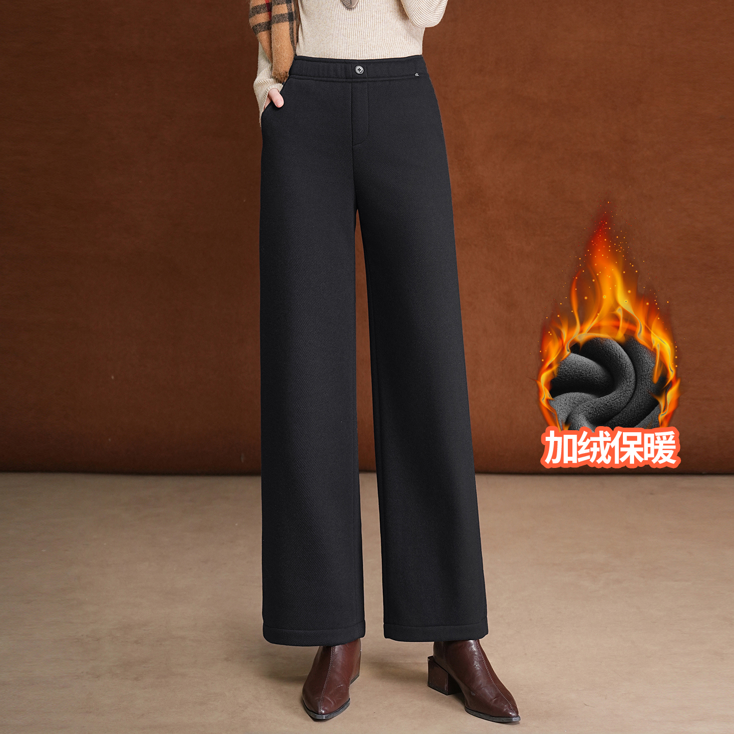 加绒长裤时尚显瘦羊毛呢直筒裤女冬季2025新款通勤高腰百搭休闲裤