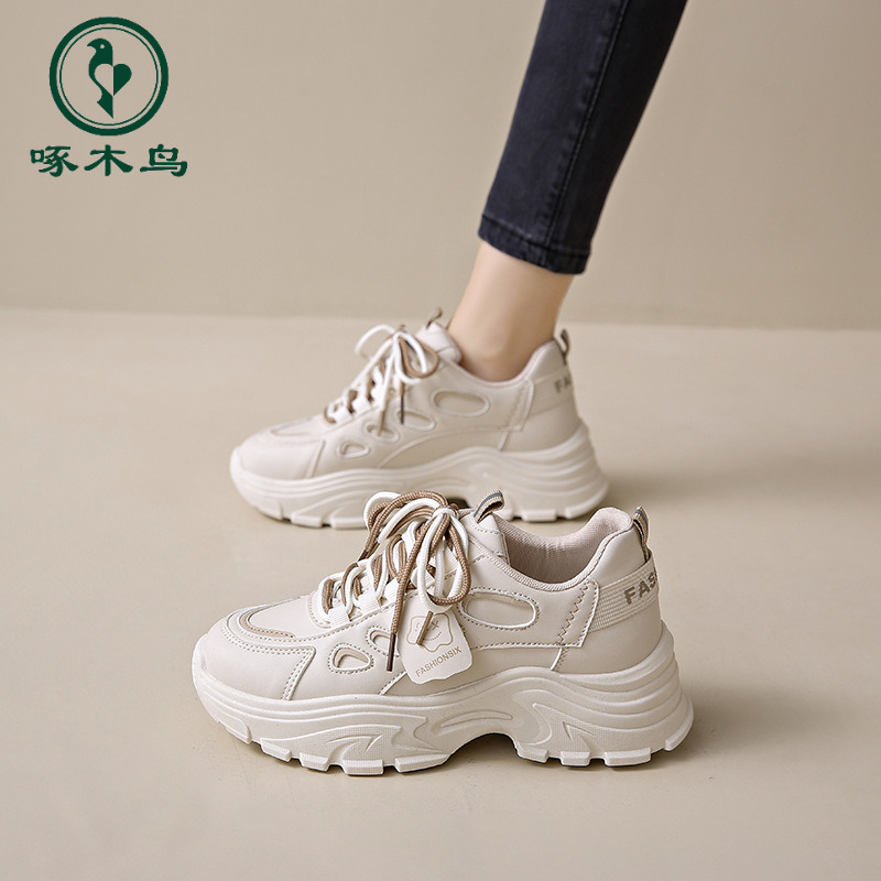 【正品】啄木鸟秋季新款透气小白鞋女厚底运动鞋休闲跑步老爹男鞋