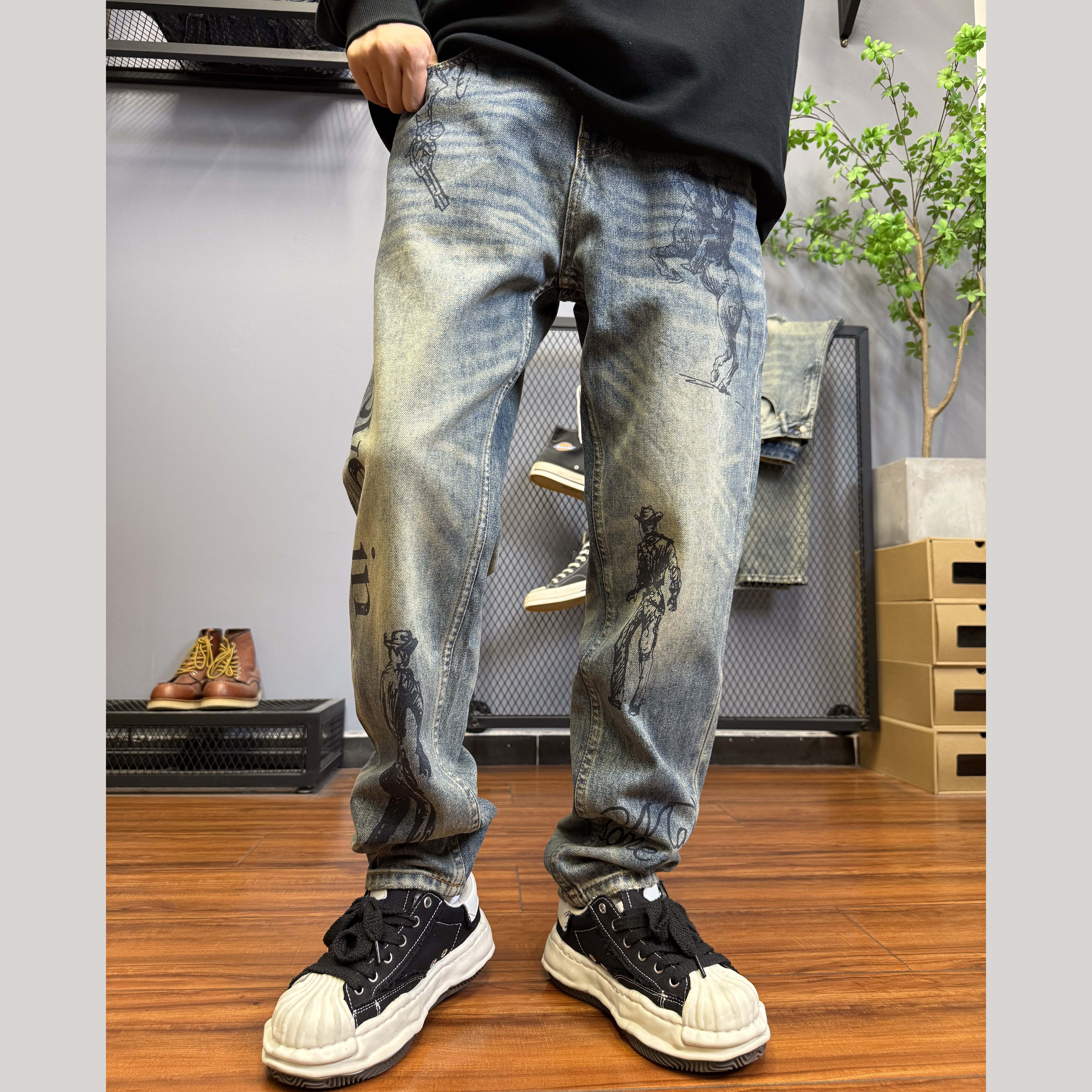 秋冬潮款印花复古水洗牛仔裤男宽松锥形长裤高街痞帅炸街5101