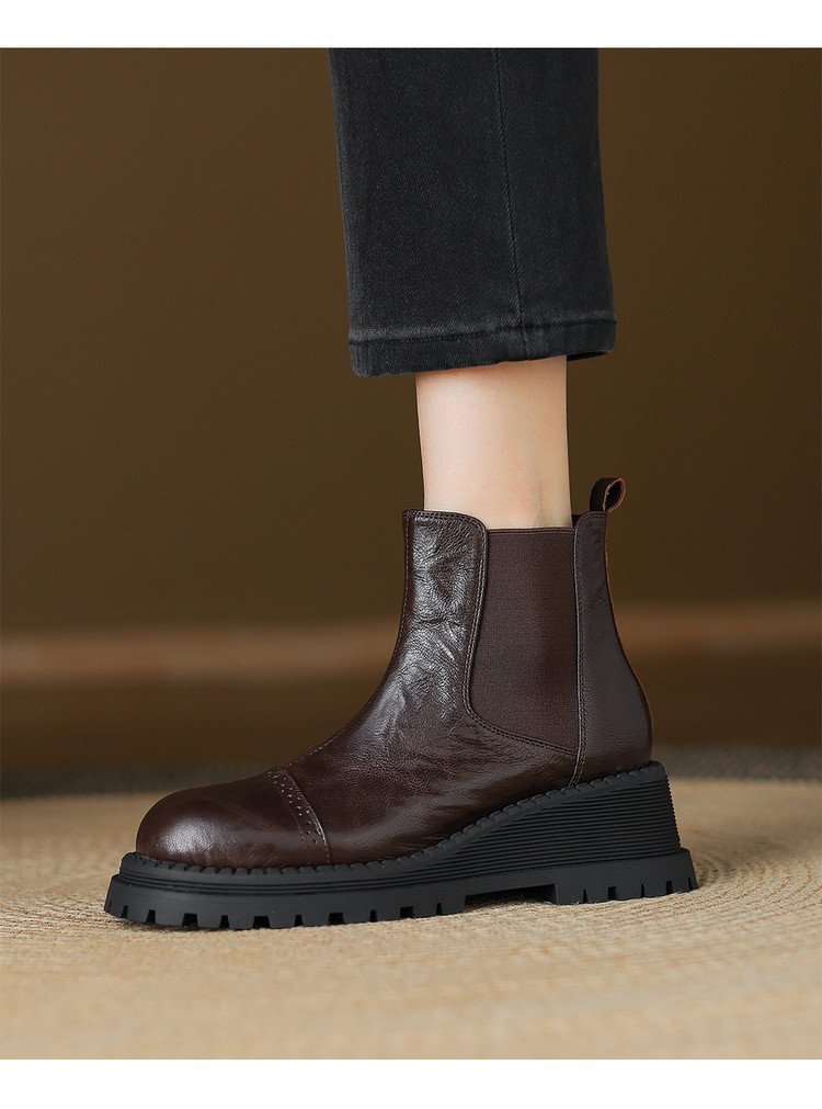英伦圆头切尔西靴女爆款中筒靴复古厚底靴子女鞋秋冬女靴百搭真皮