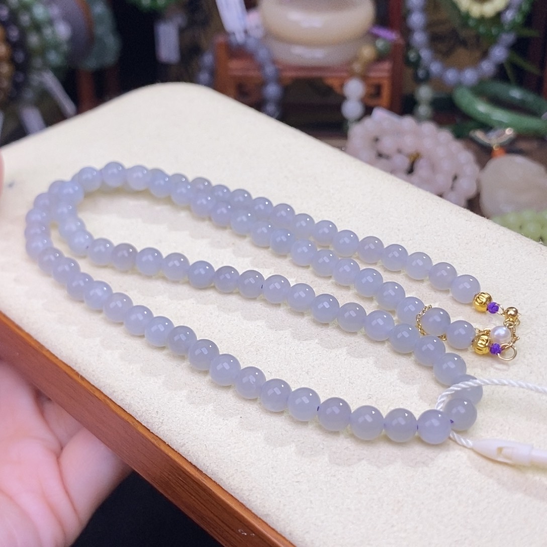 和田玉未镶嵌烟紫约6MM清货价项链