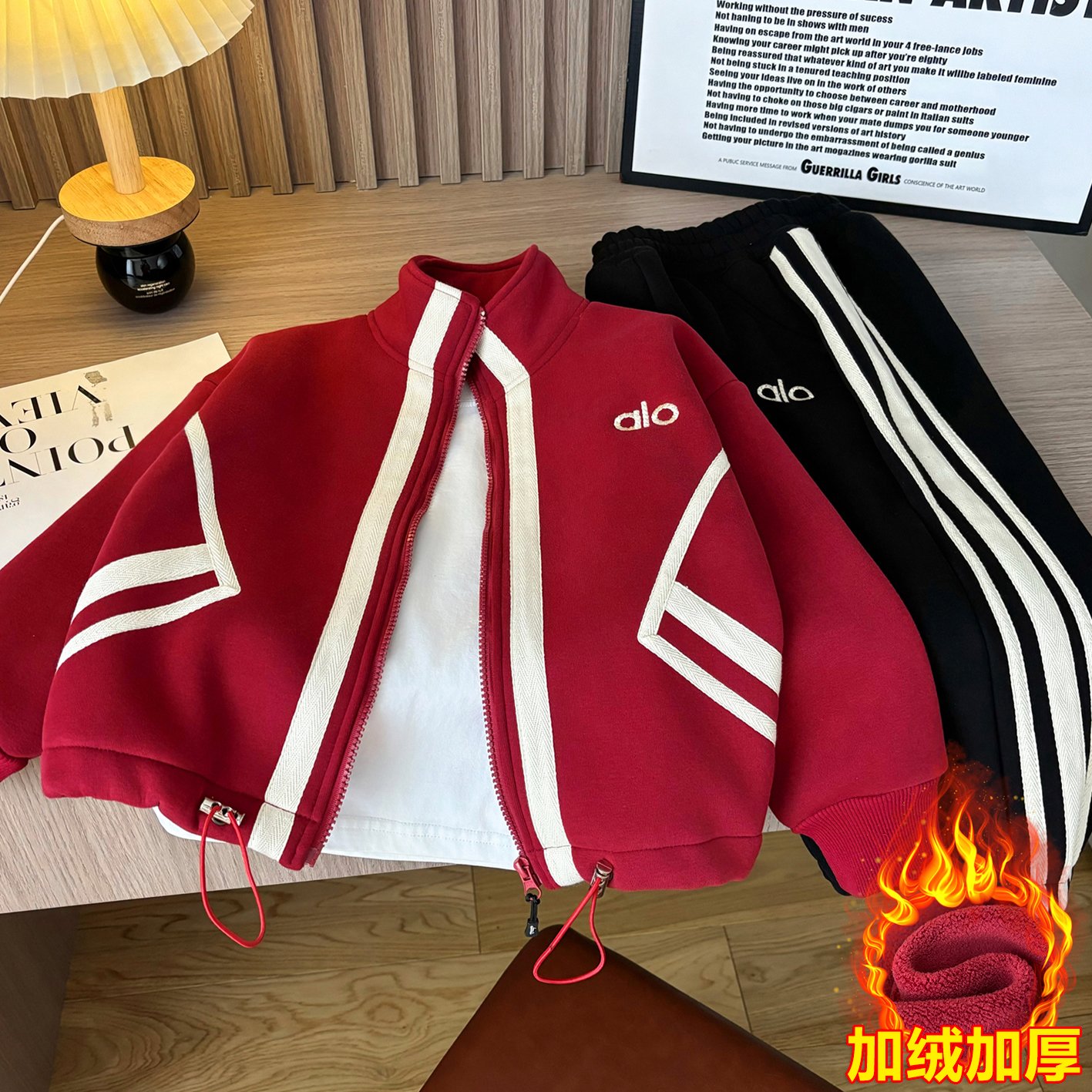 儿童加绒运动套装秋冬款2025新款男童一体绒保暖拉链卫衣长裤童装