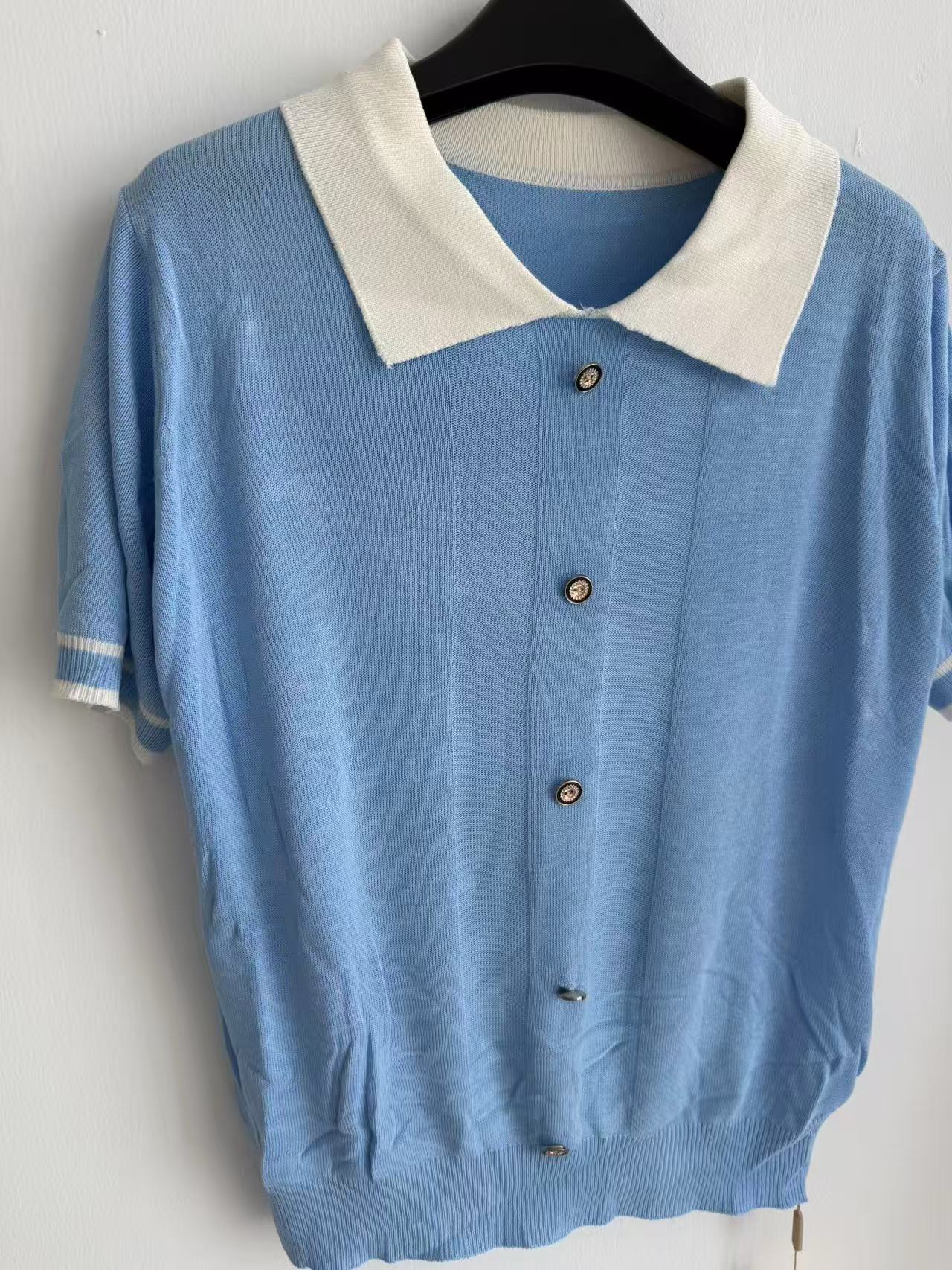 拼接短袖短款宽松型均码显瘦蓝色ol纽扣螺纹T恤纯色潮流休闲