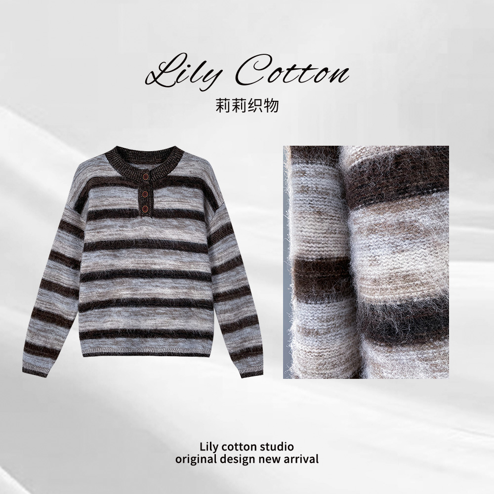 纤柔映象 复古慵懒半开领羊绒条纹百搭软糯绵羊毛上衣YL-6201310