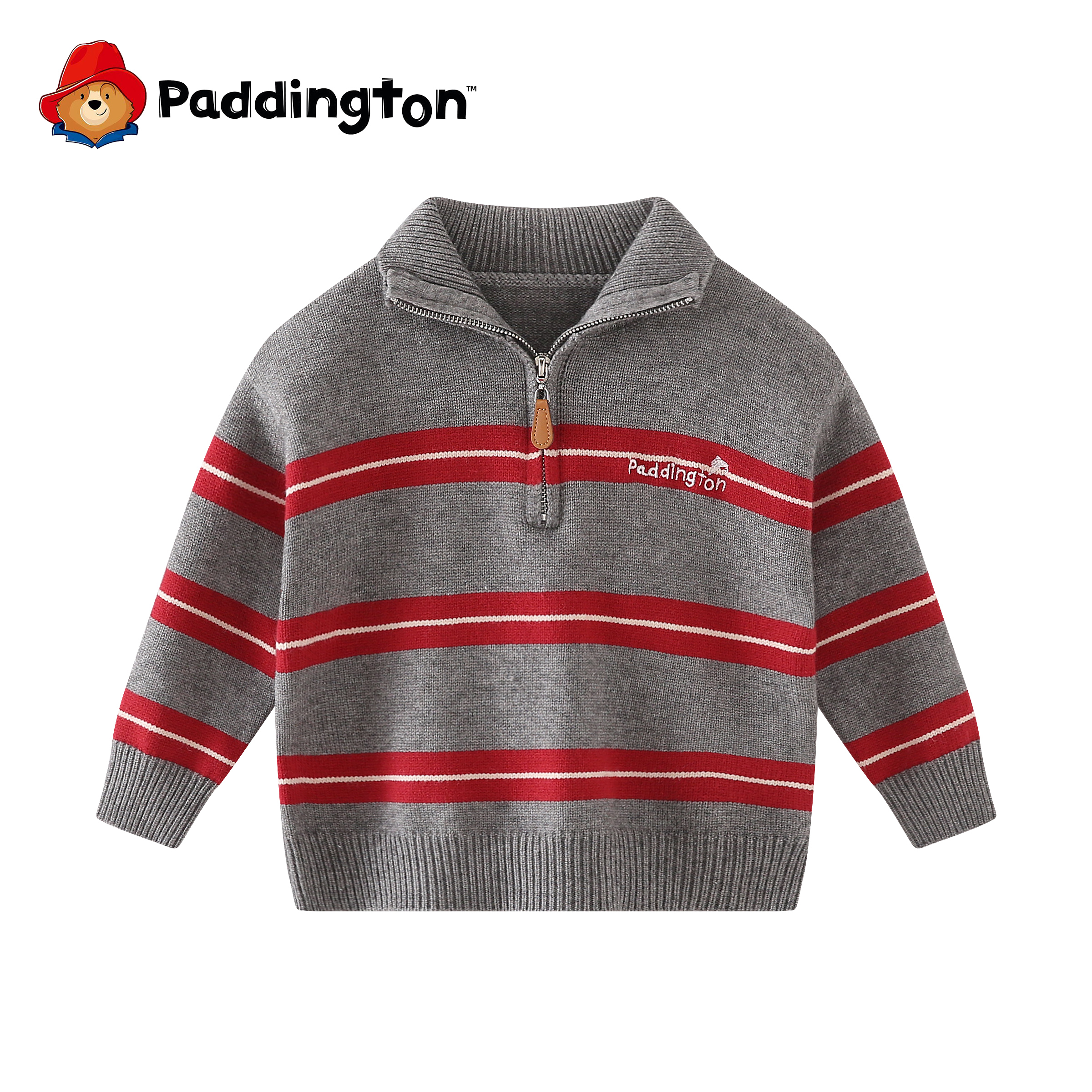 PADDINGTON/帕丁顿熊儿童条纹针织衫上衣拉链半高领童装毛衣外套