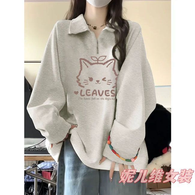 秋冬季新款可爱猫咪印花卫衣女装宽松百搭设计感半拉链polo领上衣
