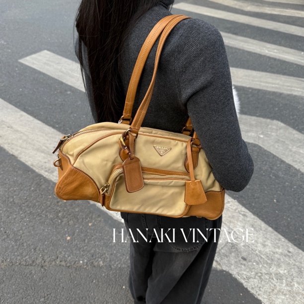 95新 Prada/普拉达 花绮中古/Prada棕色尼龙保龄球单肩包