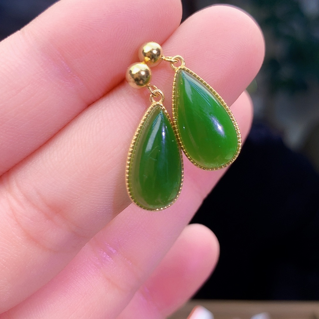 吊坠(不含链)银S925镶嵌和田玉（碧玉）耳钉