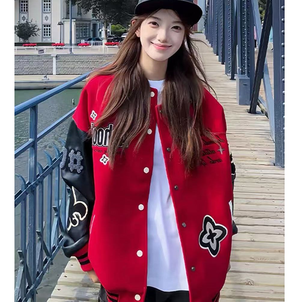2025新款加棉加厚美式复古棒球服外套女秋冬撞色拼接红色夹克上衣