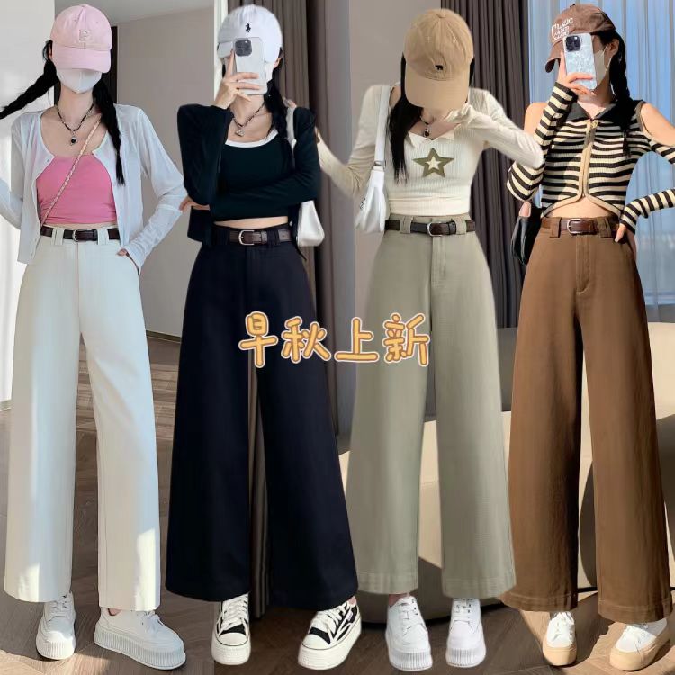 100纯棉早秋韩版洋气九分阔腿弯刀裤女高腰气球裤显瘦休闲裤子