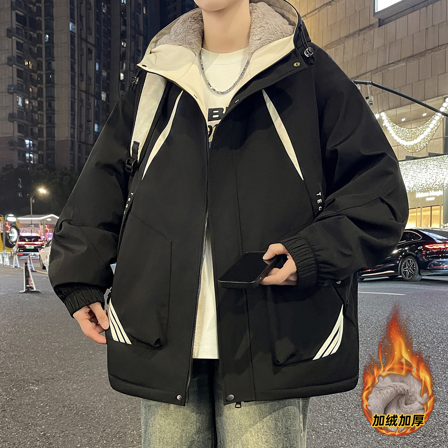 2025冬季新款加绒加厚连帽夹克青少年休闲保暖潮流冬装棉服上衣服